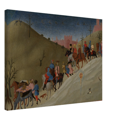 A procession of riders travels through rolling hills toward a pink city under a dark blue sky.