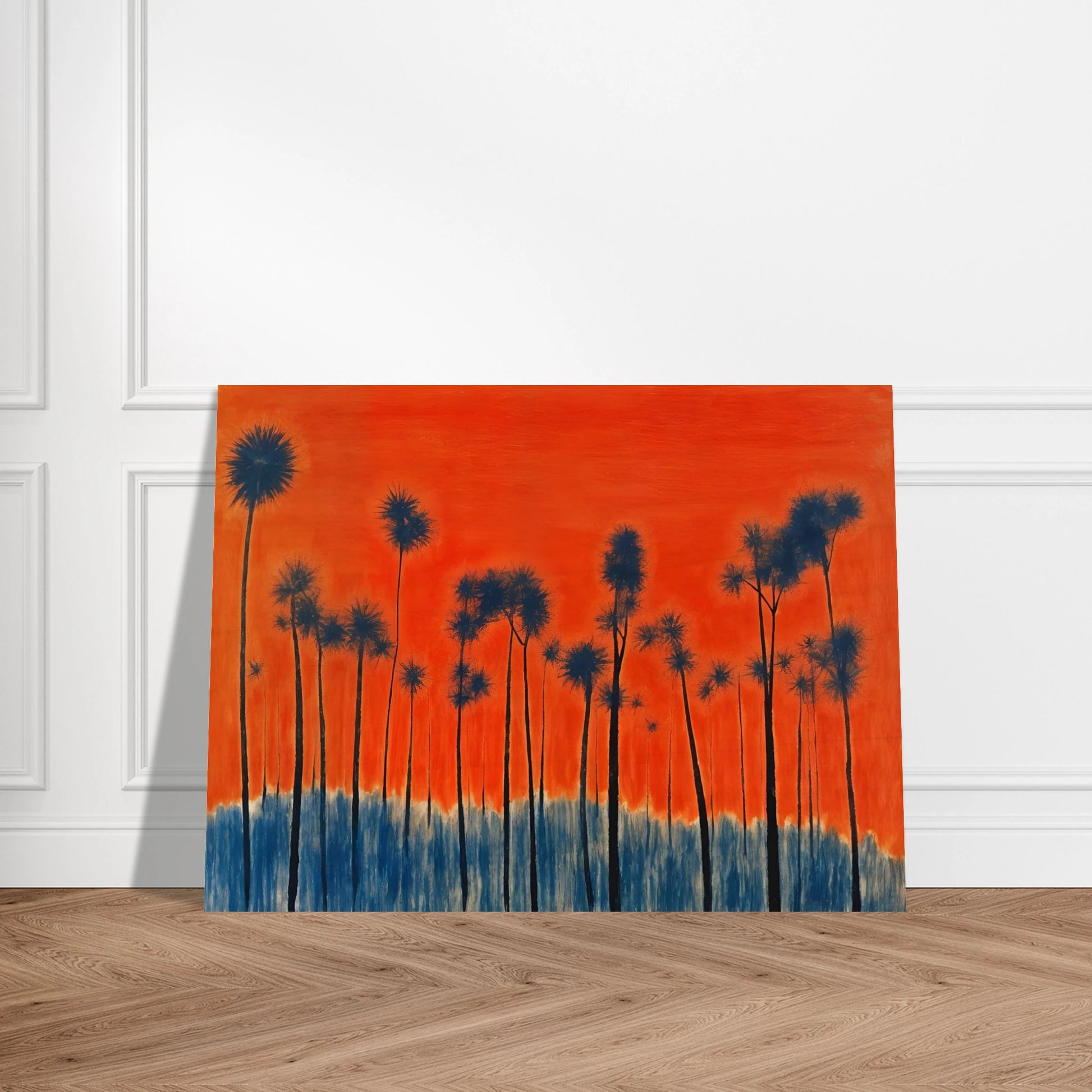 Dark silhouettes of tall palm-like trees rise against a vivid orange-red sky with deep blue ground tones, radiating intense warmth.