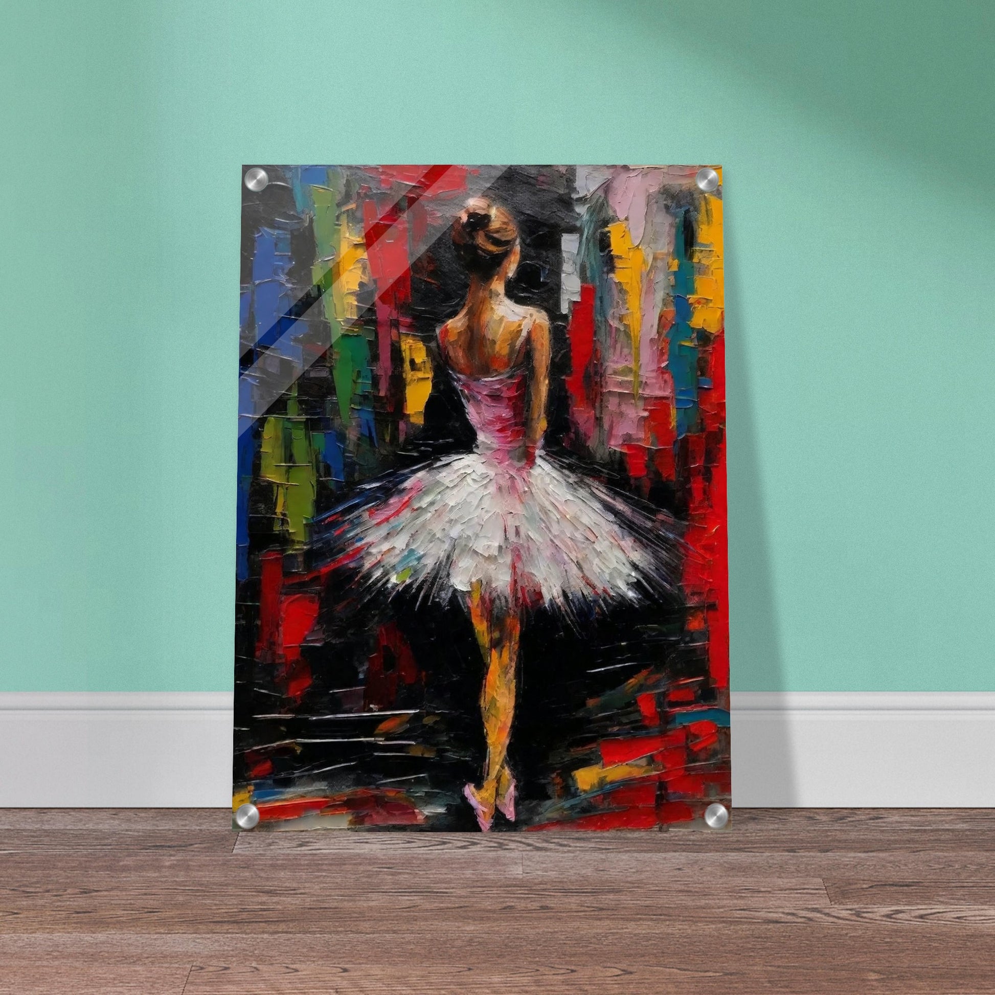 An expressive painting of a ballerina in a white tutu, standing against a vibrant, abstract background.