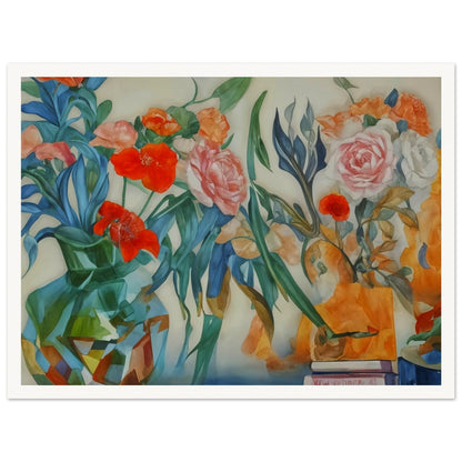 A lively painting of colorful flowers in vases, showcasing a blend of red, pink, and orange blossoms with lush green foliage.