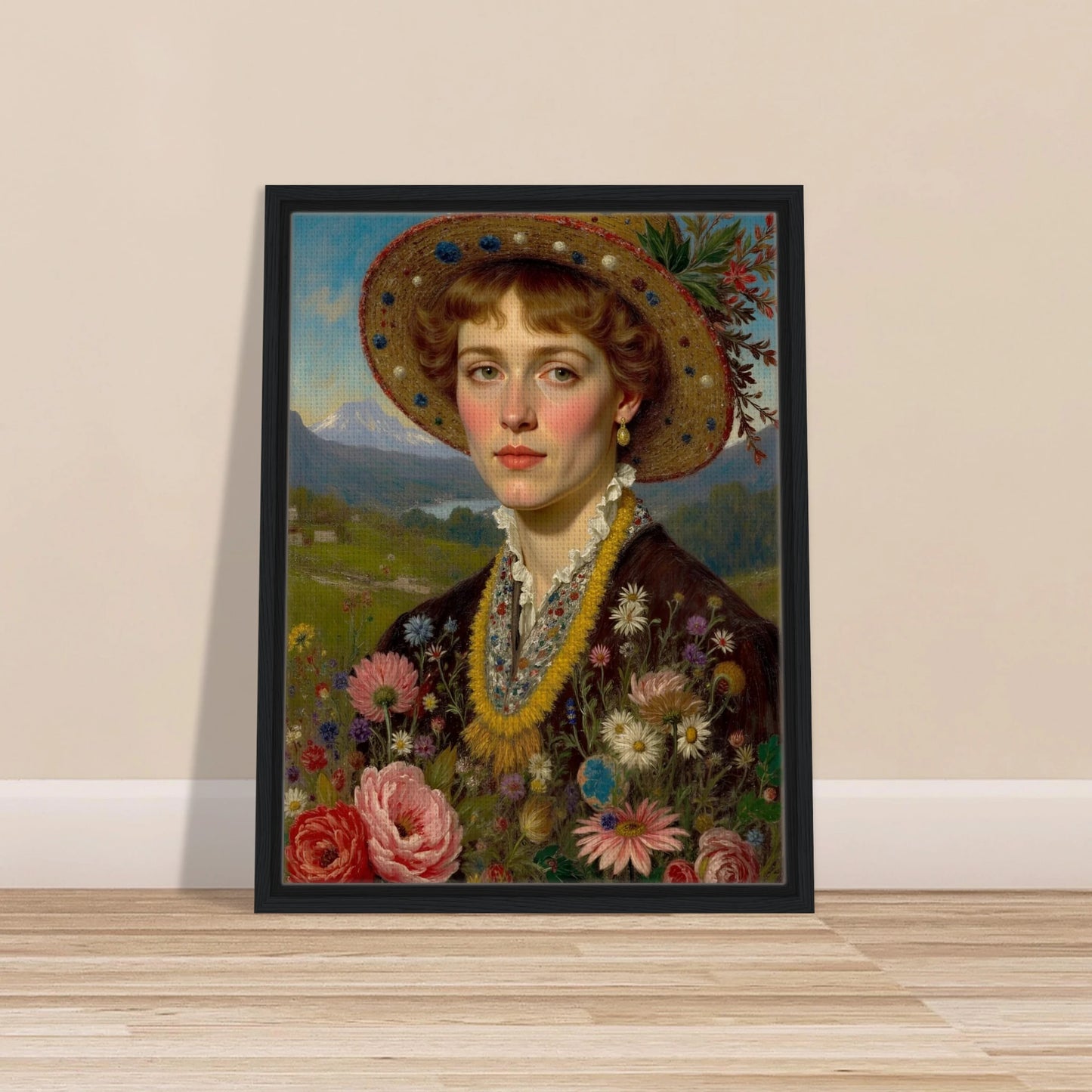 Portrait of a woman in a straw hat adorned with flowers, holding a vibrant bouquet against a mountain meadow backdrop.