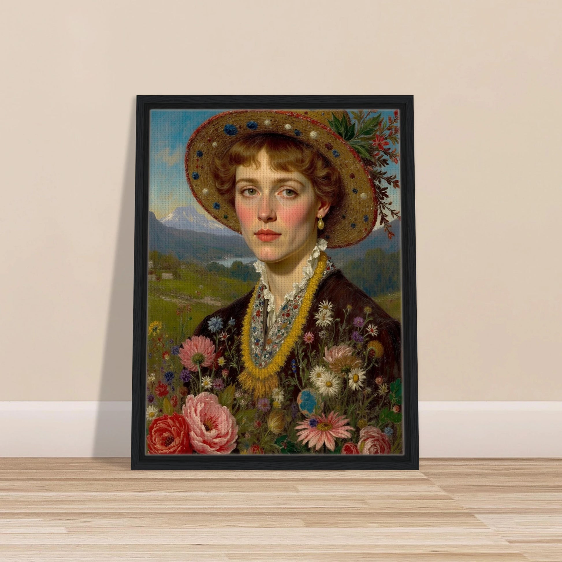 Portrait of a woman in a straw hat adorned with flowers, holding a vibrant bouquet against a mountain meadow backdrop.