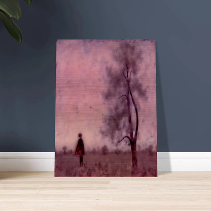 A solitary figure stands in a hazy pink field beside a tree, enveloped by a dreamlike, muted magenta atmosphere.