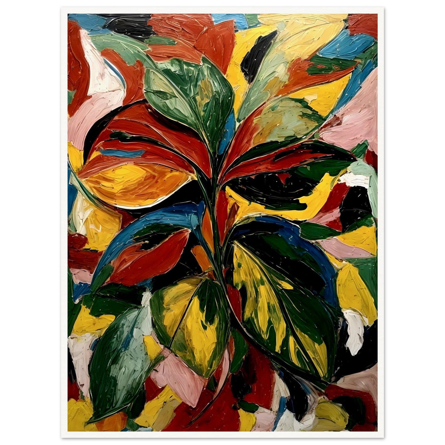 A bold and textured painting of vibrant leaves in dynamic shades of green, red, yellow, and orange, set against an abstract colorful background.