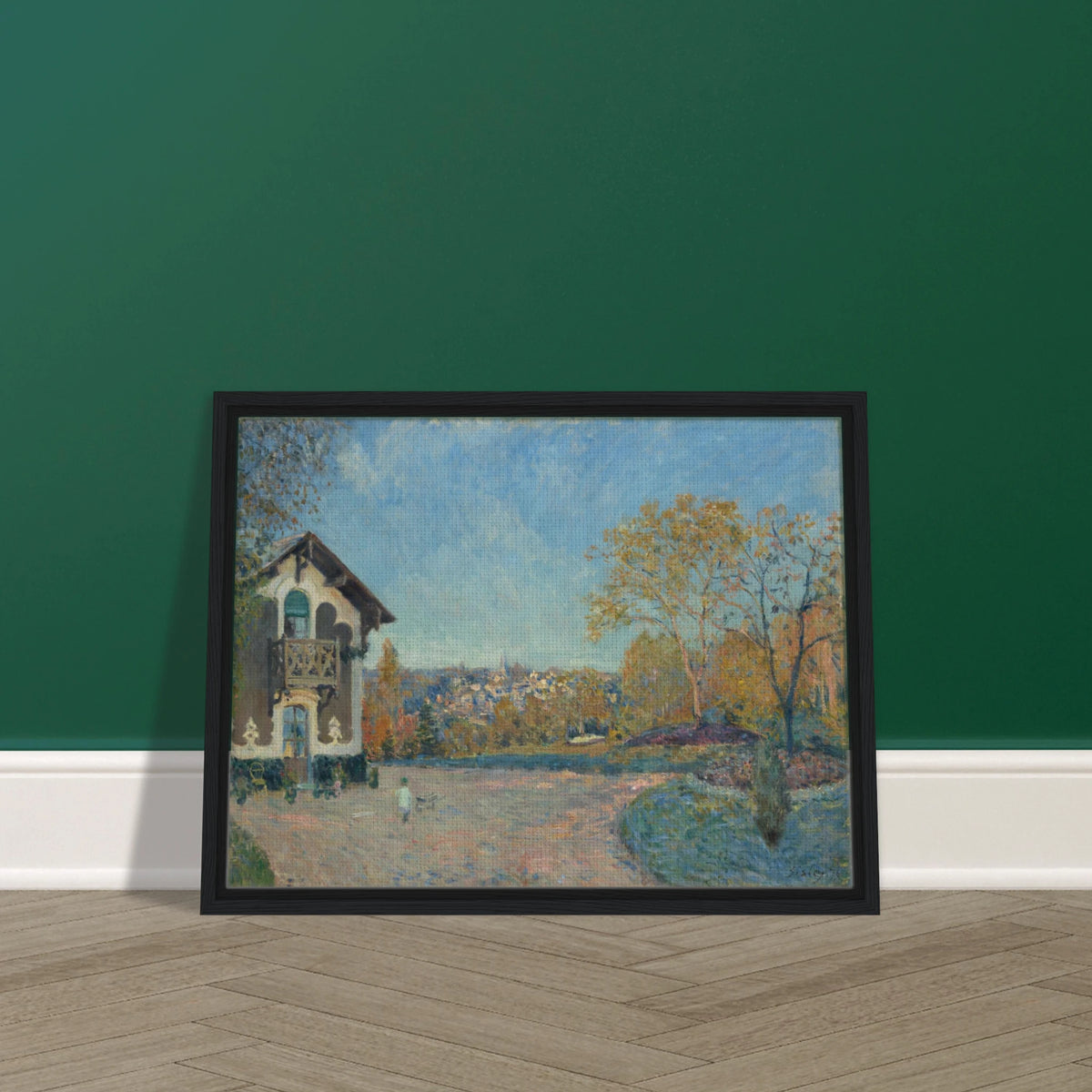 A villa and autumn trees overlook Marly-le-Roi beneath a luminous blue sky.