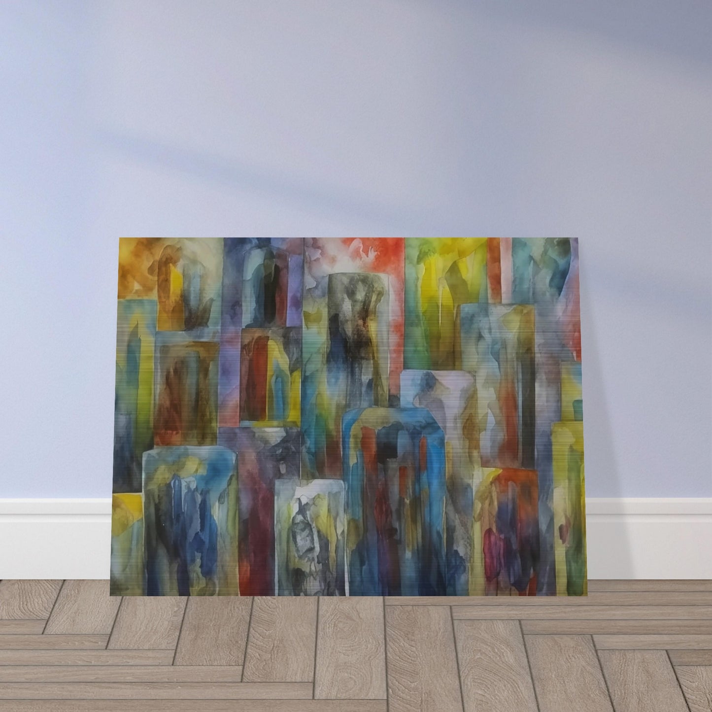 A vibrant abstract painting of a cityscape with multicolored buildings. The artwork features tall, rectangular shapes in a variety of hues, blending seamlessly to create a dynamic urban scene.