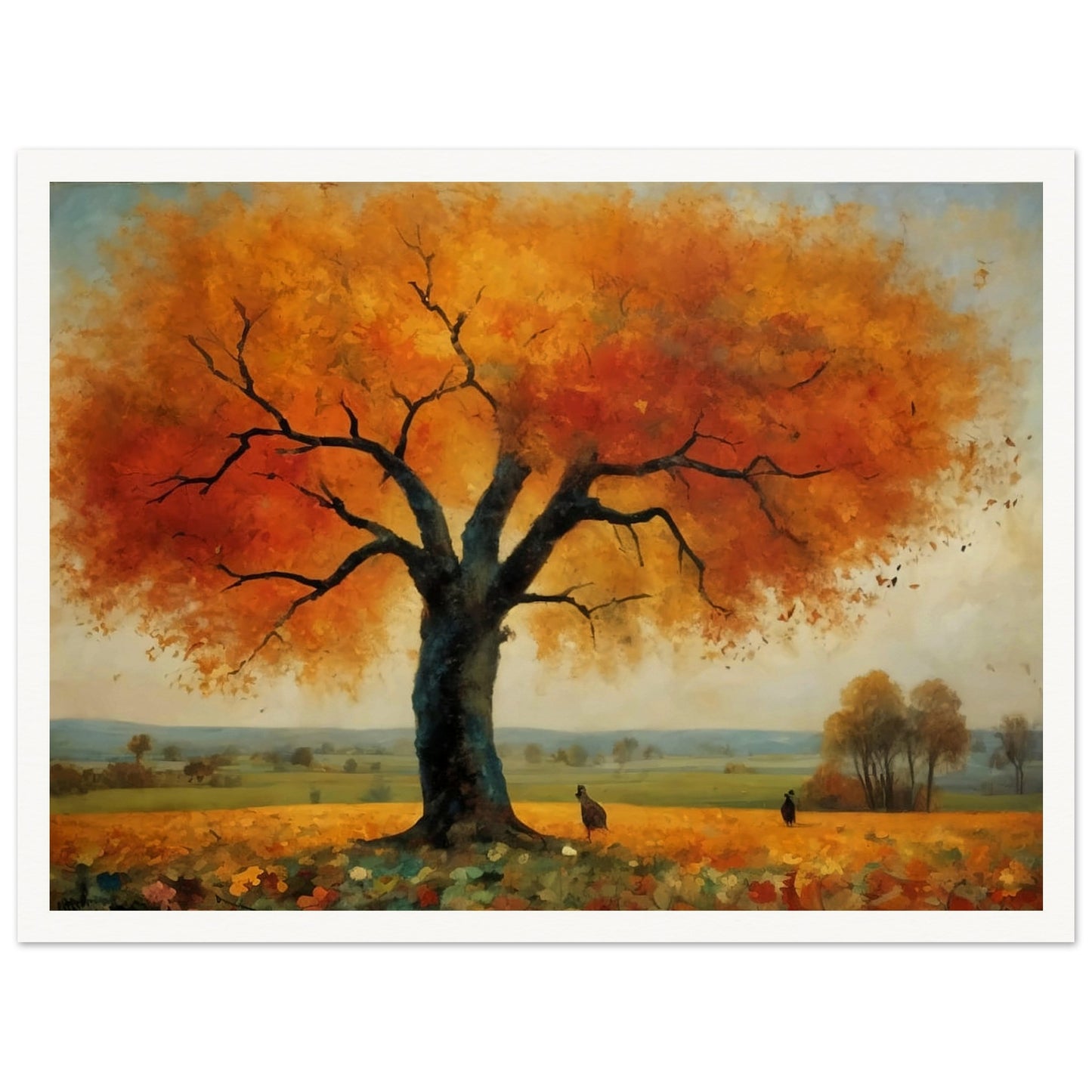 "A breathtaking landscape featuring a large tree with vibrant orange and yellow autumn leaves, set against a tranquil countryside."