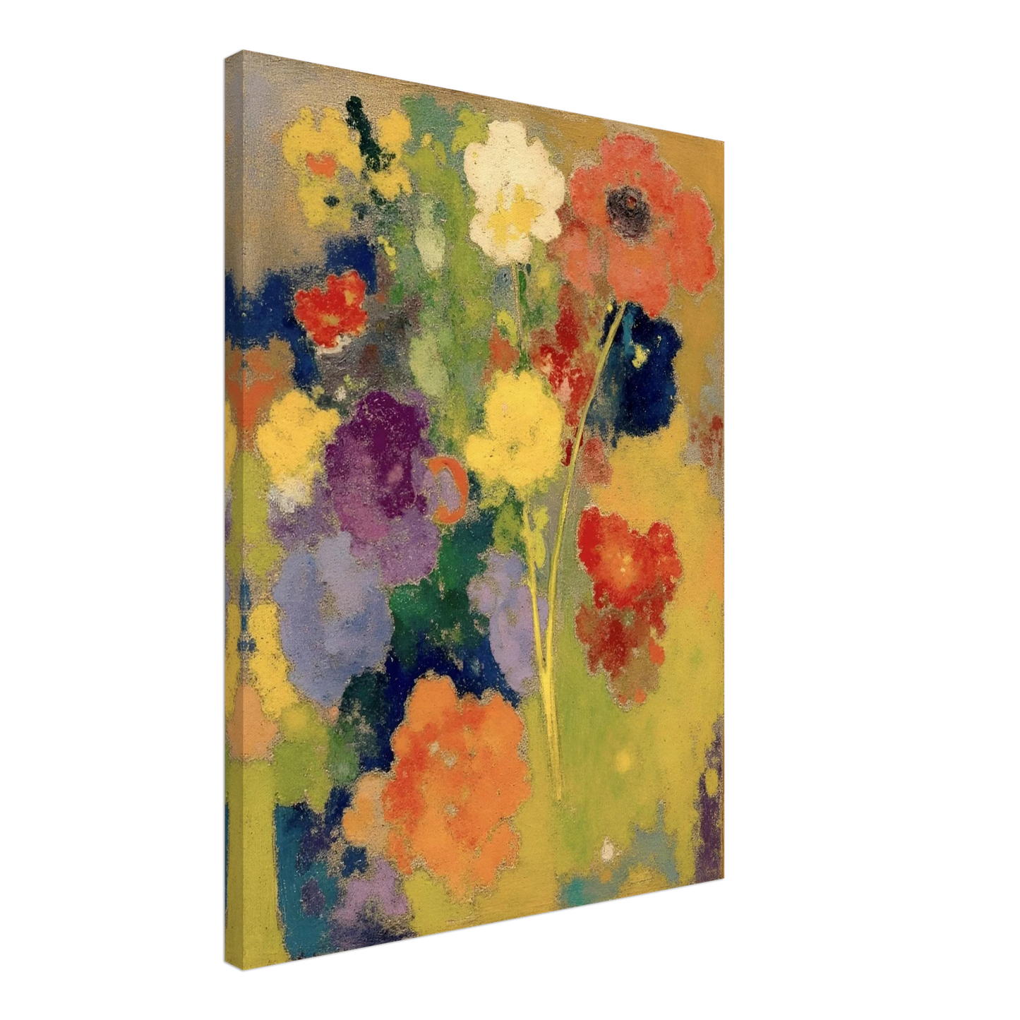 Soft garden flowers in red, white, yellow, purple, and orange bloom against a warm golden field.