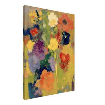 Soft garden flowers in red, white, yellow, purple, and orange bloom against a warm golden field.