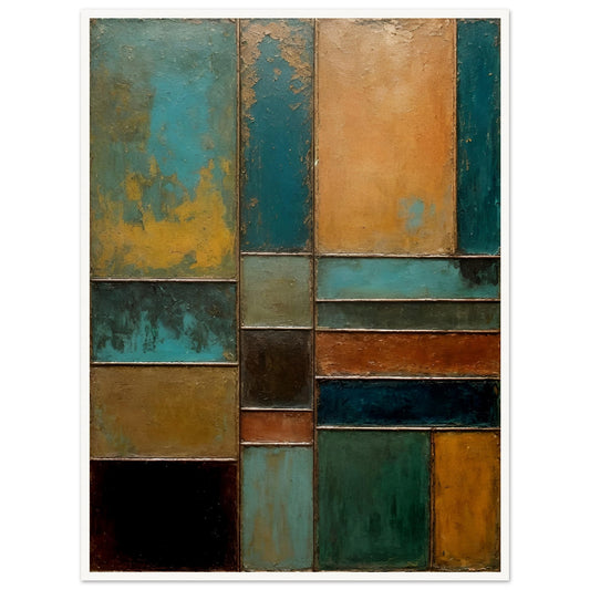 A textured abstract painting featuring geometric panels in shades of turquoise, rust, gold, and black, resembling weathered metal and patina.