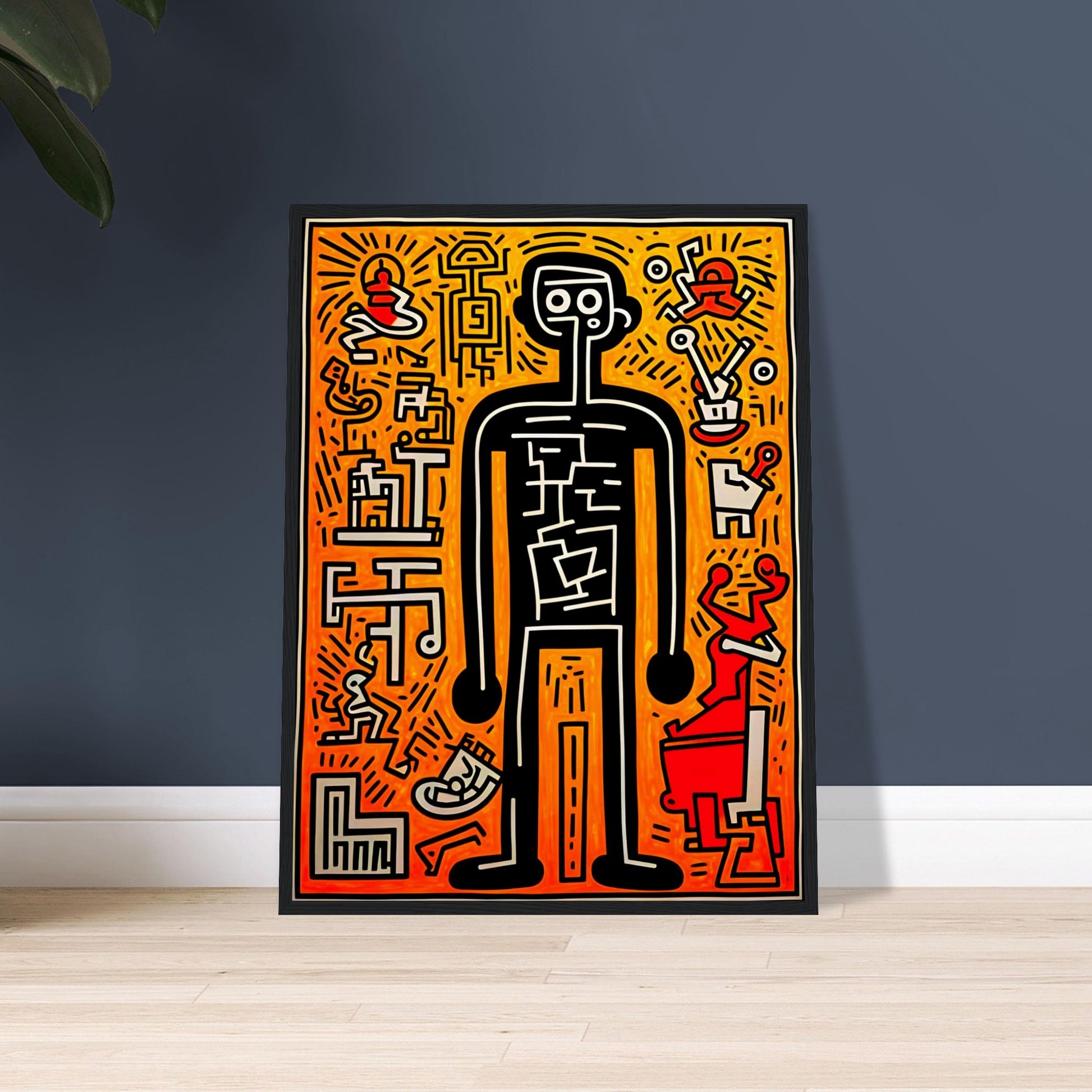 A bold pop-art figure outlined in black, surrounded by abstract symbols and patterns on an energetic orange and red background.