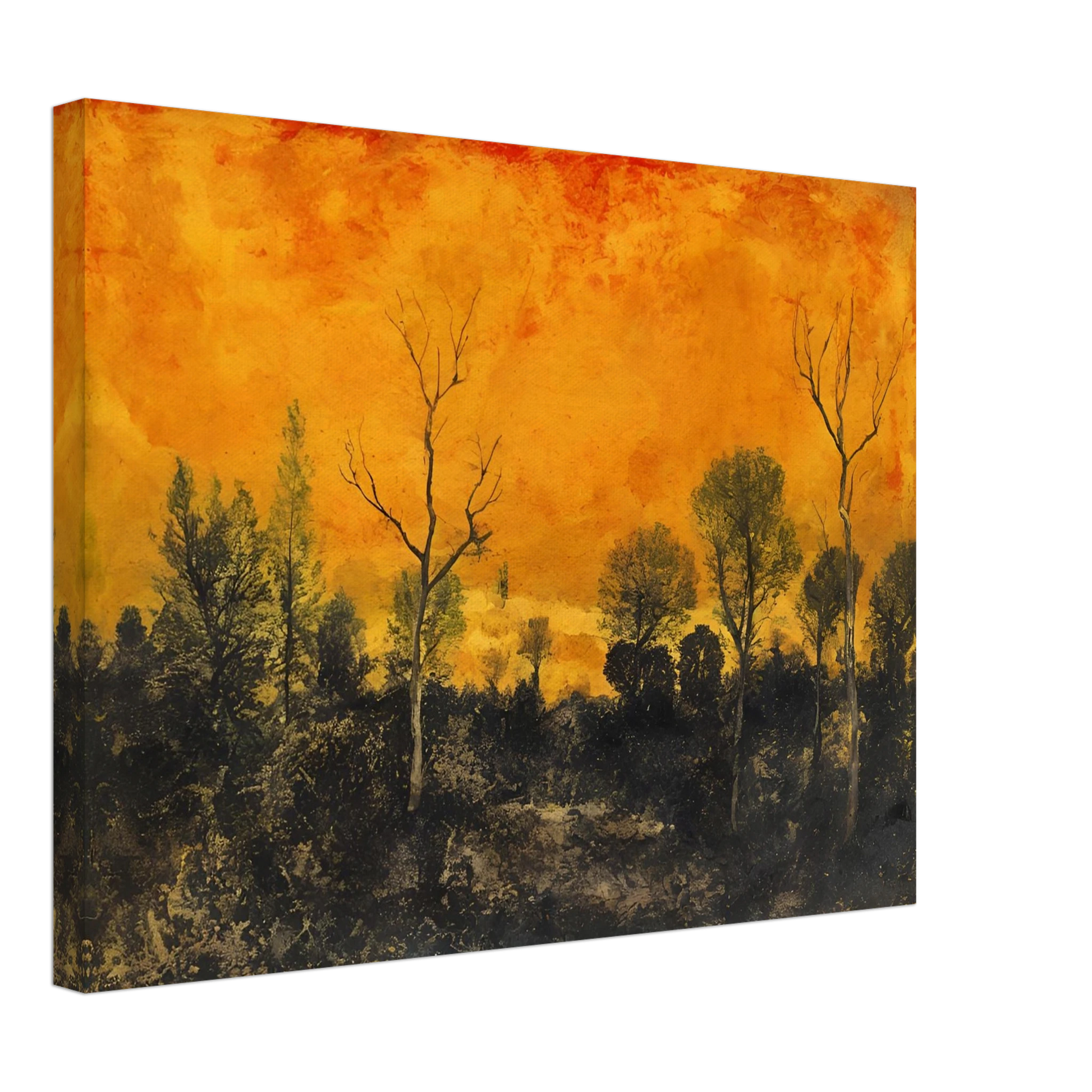 A forest silhouetted against a blazing orange sky, with leafless and leafy trees under a textured sunset.
