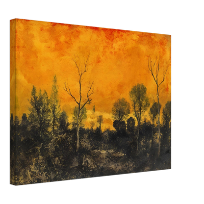 A forest silhouetted against a blazing orange sky, with leafless and leafy trees under a textured sunset.
