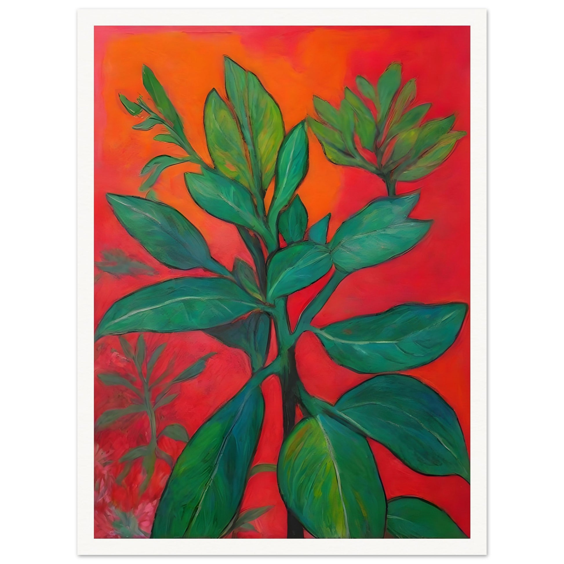 A bold botanical painting featuring lush green leaves set against a fiery red-orange background, creating a striking contrast of nature and warmth.