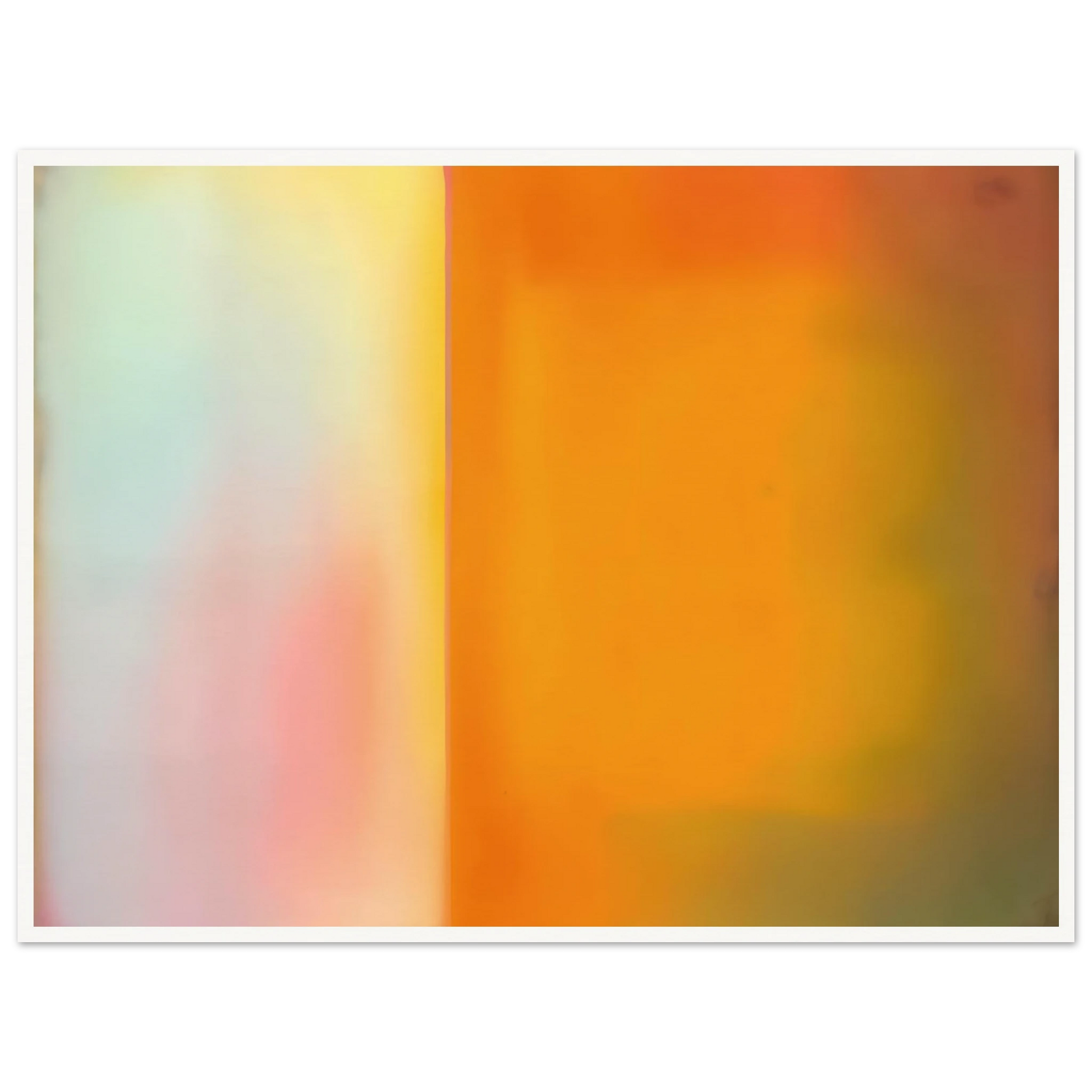 Soft luminous color field with glowing amber, pale blush, and misty light divided by a radiant vertical threshold.