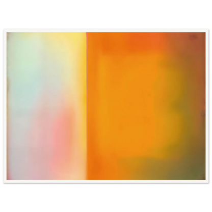 Soft luminous color field with glowing amber, pale blush, and misty light divided by a radiant vertical threshold.