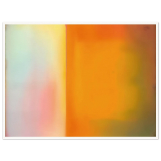 Soft luminous color field with glowing amber, pale blush, and misty light divided by a radiant vertical threshold.