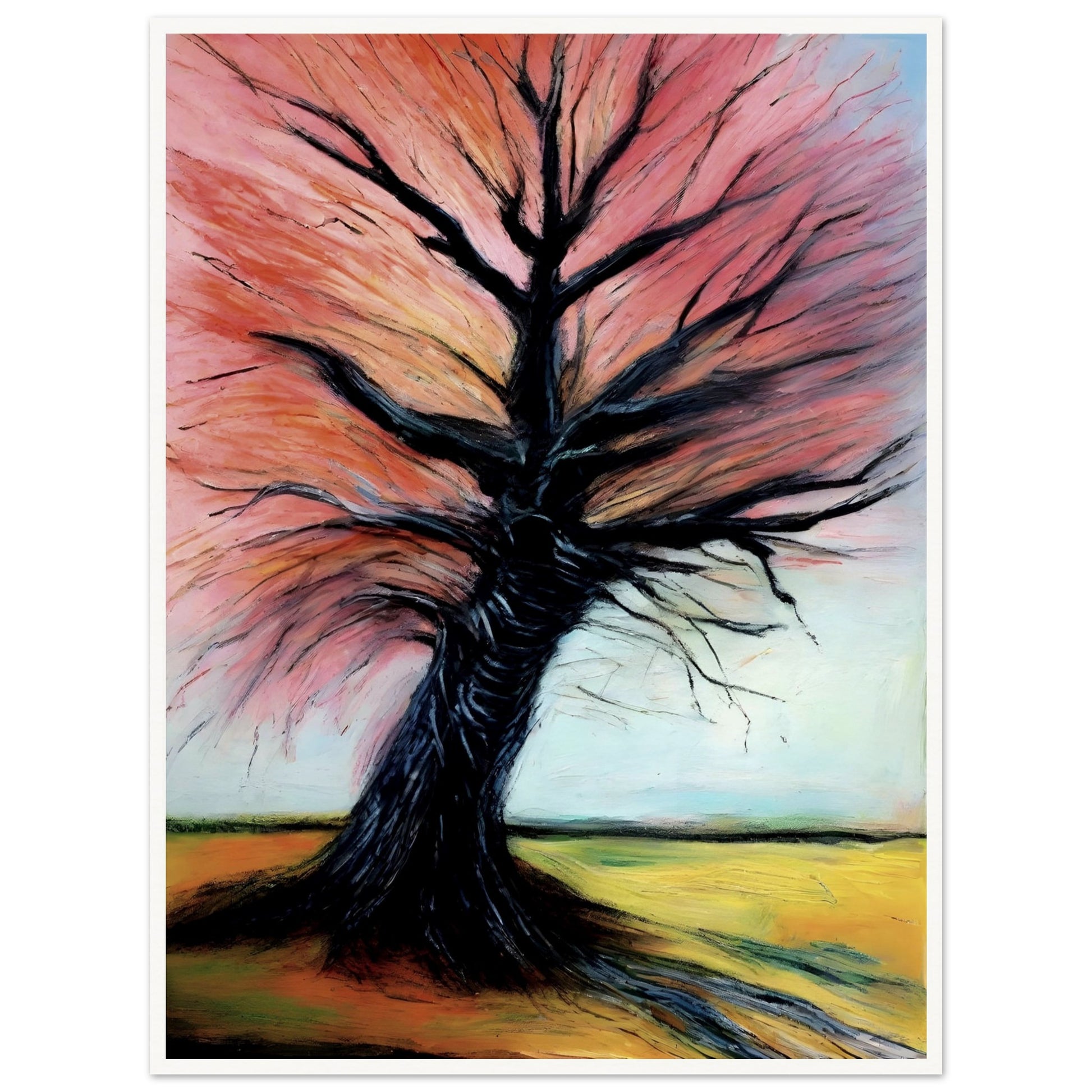 A captivating painting of a twisted tree with dark branches and vibrant pink and orange leaves, set against a serene countryside.