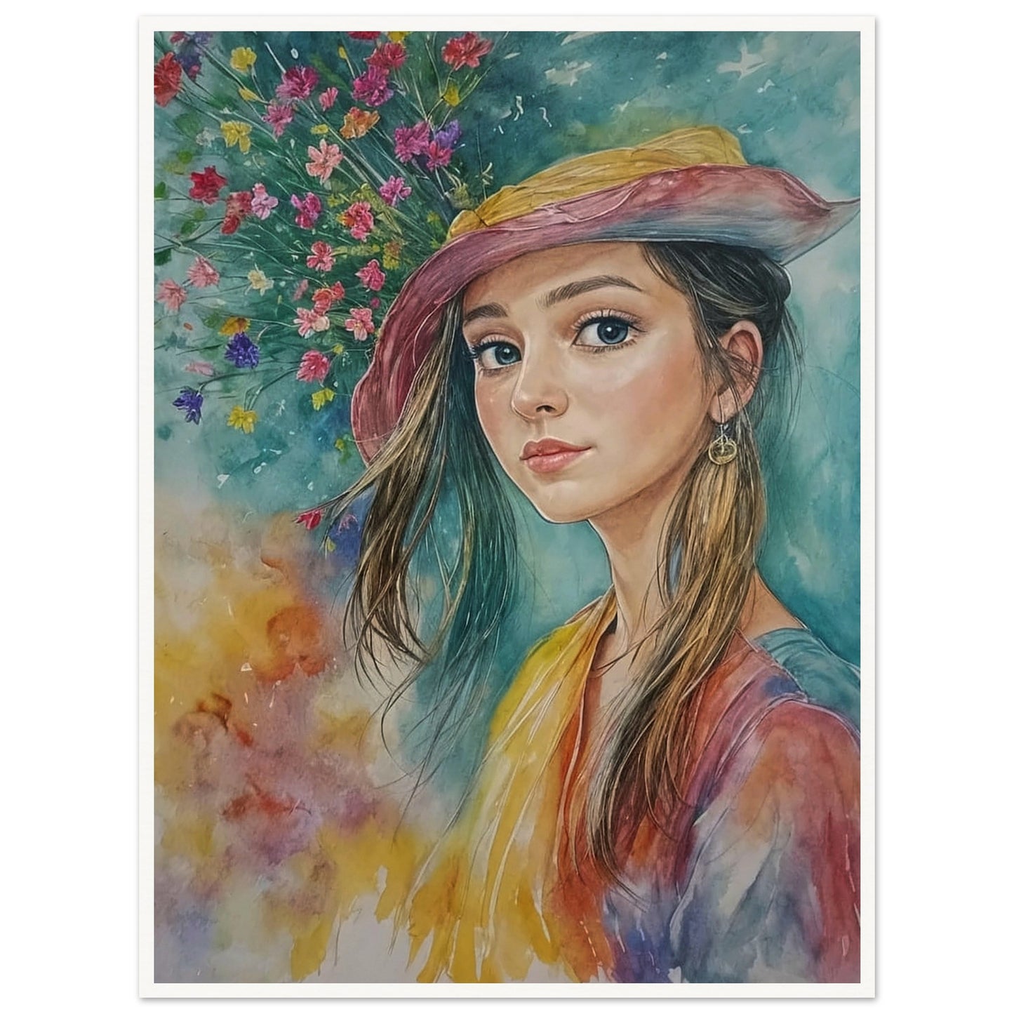 A young woman in a colorful hat gazes softly, with vibrant spring flowers blooming behind her, capturing the essence of youth and nature.