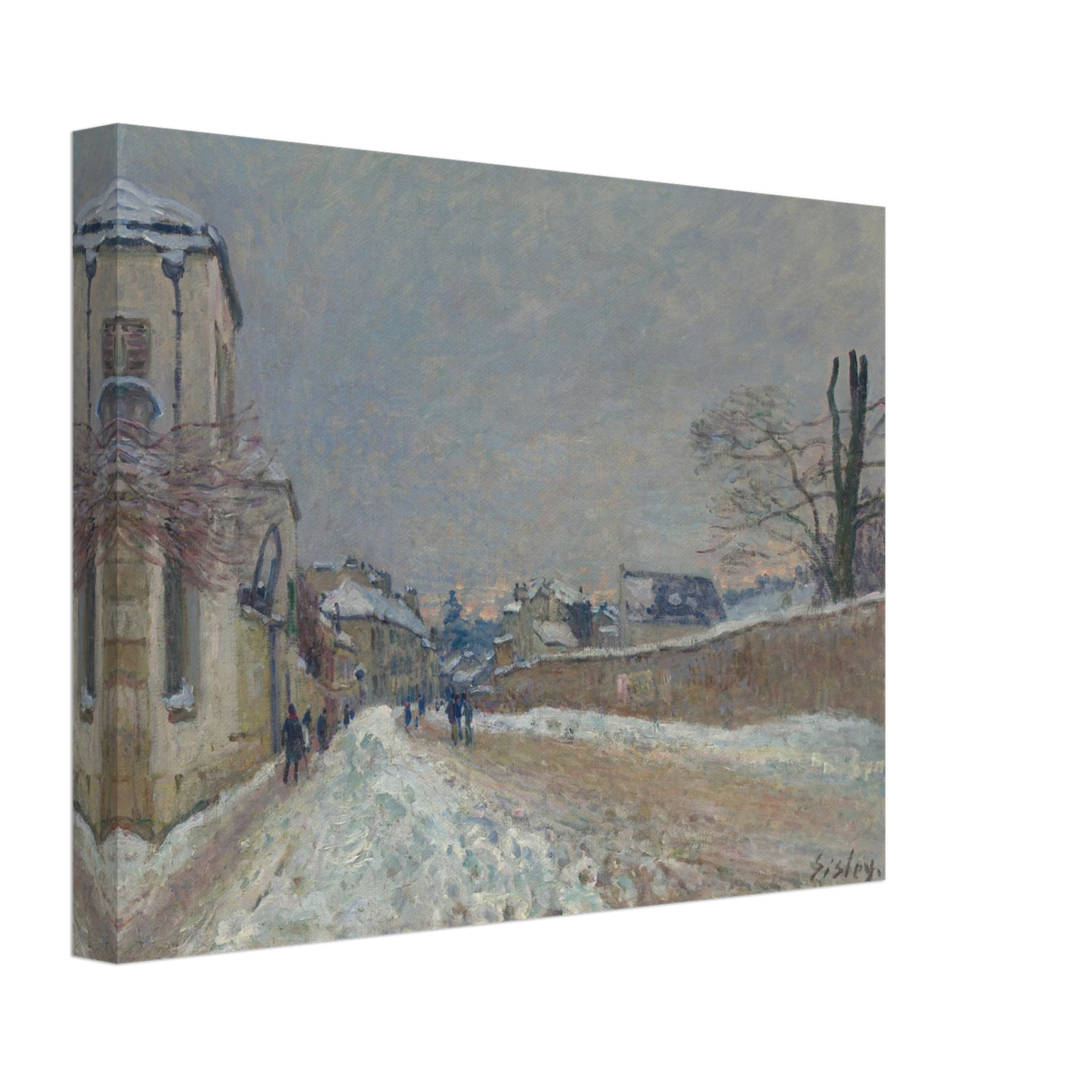 A snowy village road with figures, houses, bare trees, and soft gray winter sky.