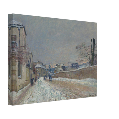 A snowy village road with figures, houses, bare trees, and soft gray winter sky.
