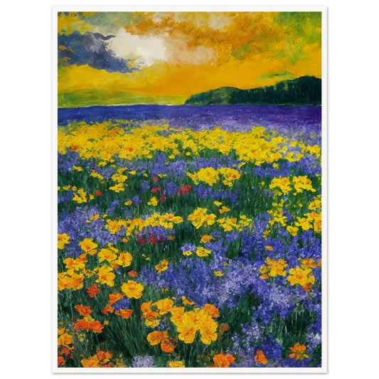 A vivid painting of a meadow filled with yellow, orange, and purple flowers under a dramatic yellow and green sky.