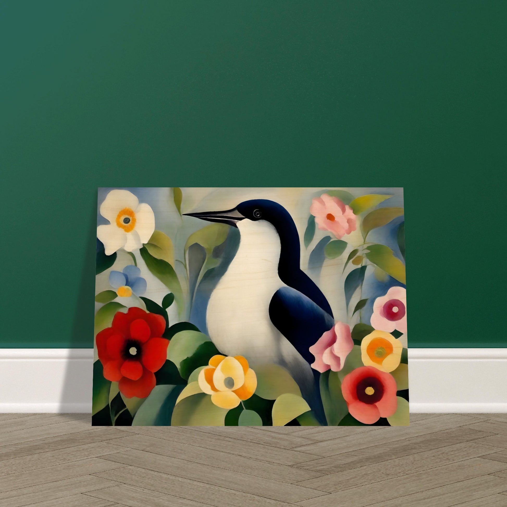 A serene painting of a black-and-white bird perched amidst colorful flowers, including red, yellow, and pink blooms, surrounded by lush green leaves.