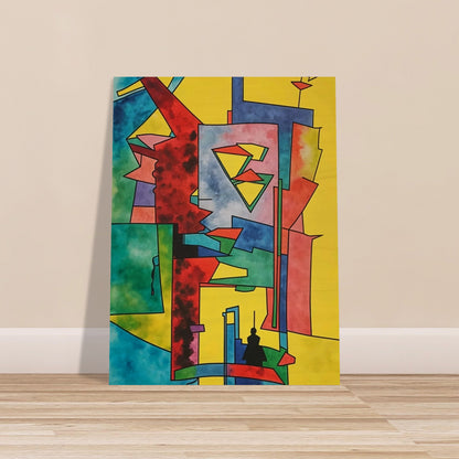 Abstract geometric artwork featuring vibrant shapes and bold colors, evoking a dynamic urban landscape.