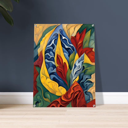 A dynamic, colorful painting featuring swirling organic shapes in red, blue, yellow, and green, evoking the movement of nature.