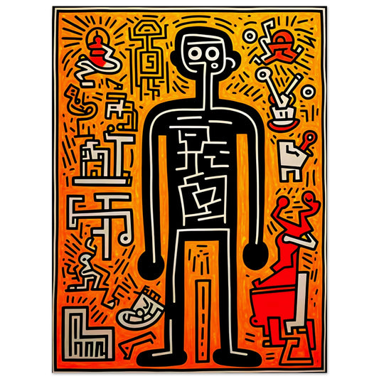 A bold pop-art figure outlined in black, surrounded by abstract symbols and patterns on an energetic orange and red background.