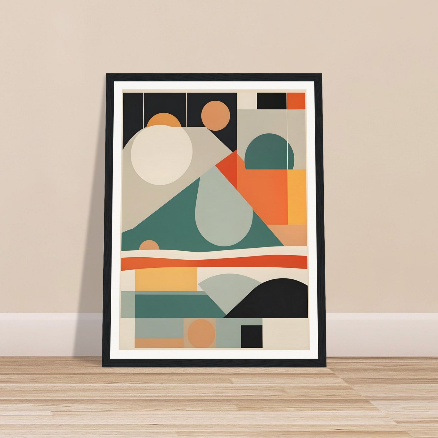 A geometric abstract painting with layered shapes resembling mountains, valleys, and the sun in earthy tones of teal, orange, beige, and black