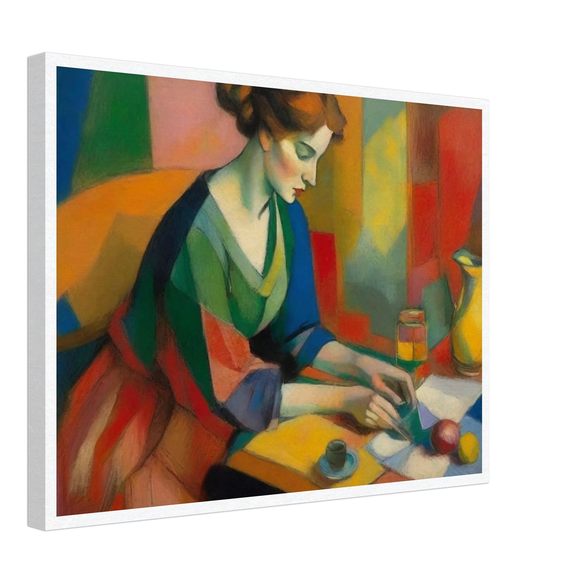 A vibrant painting depicting a woman in a colorful dress sitting at a table, engaged in writing or reading. The background features a mosaic of various hues, enhancing the vivid and dynamic atmosphere of the scene.