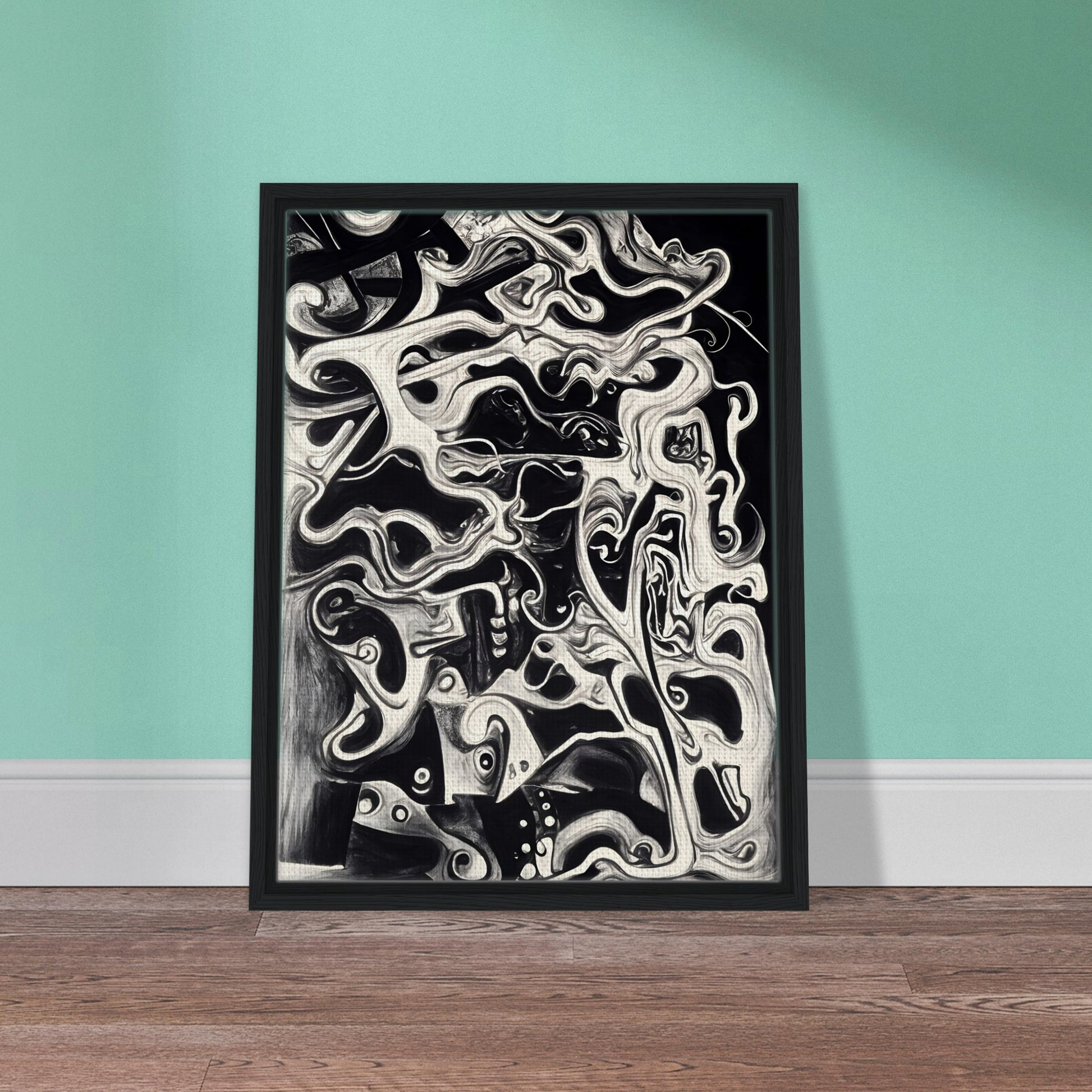 A mesmerizing black and white fluid composition, intertwining abstract faces and swirling patterns, evoking mystery and depth.