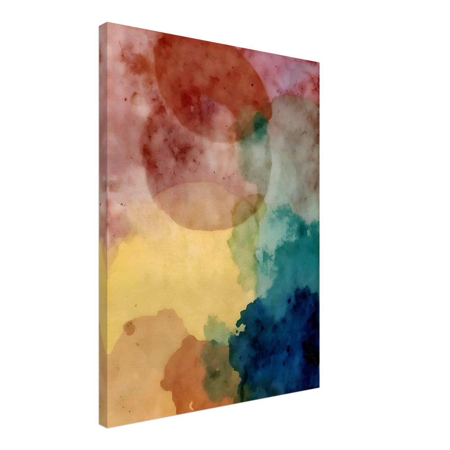An abstract watercolor composition featuring overlapping translucent shapes in soft pink, yellow, teal, blue, and earth tones, creating a dreamy and atmospheric visual balance.