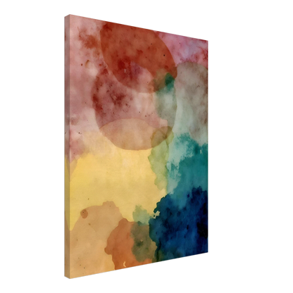 An abstract watercolor composition featuring overlapping translucent shapes in soft pink, yellow, teal, blue, and earth tones, creating a dreamy and atmospheric visual balance.