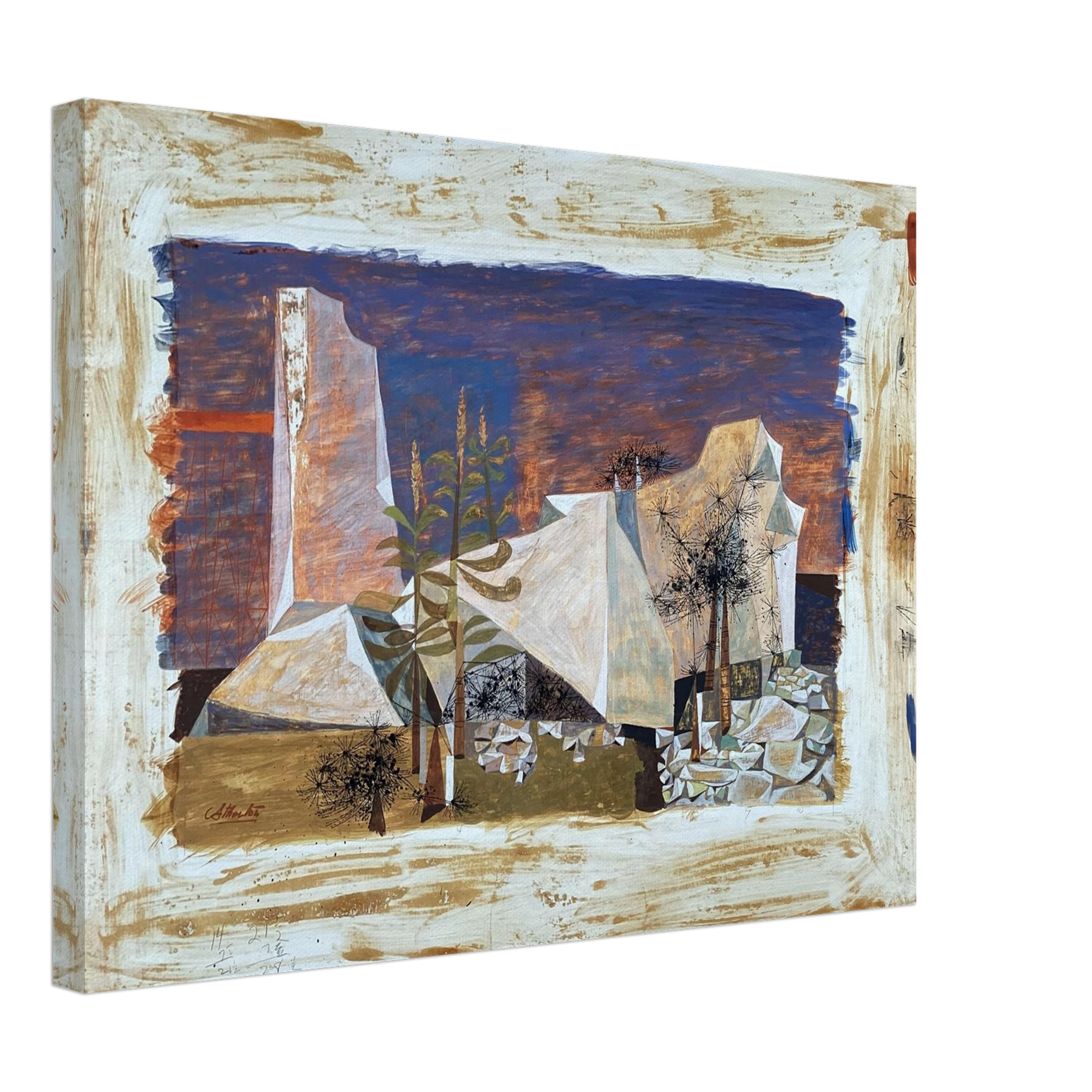 Angular white rocks and sparse dark weeds rise against a deep blue and brown landscape.