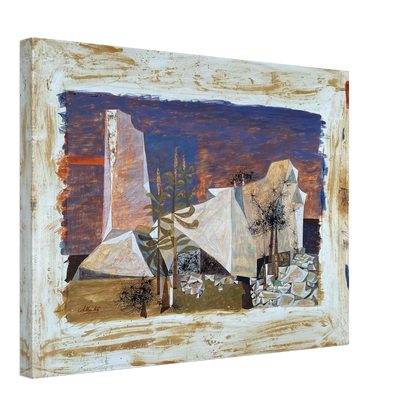 Angular white rocks and sparse dark weeds rise against a deep blue and brown landscape.