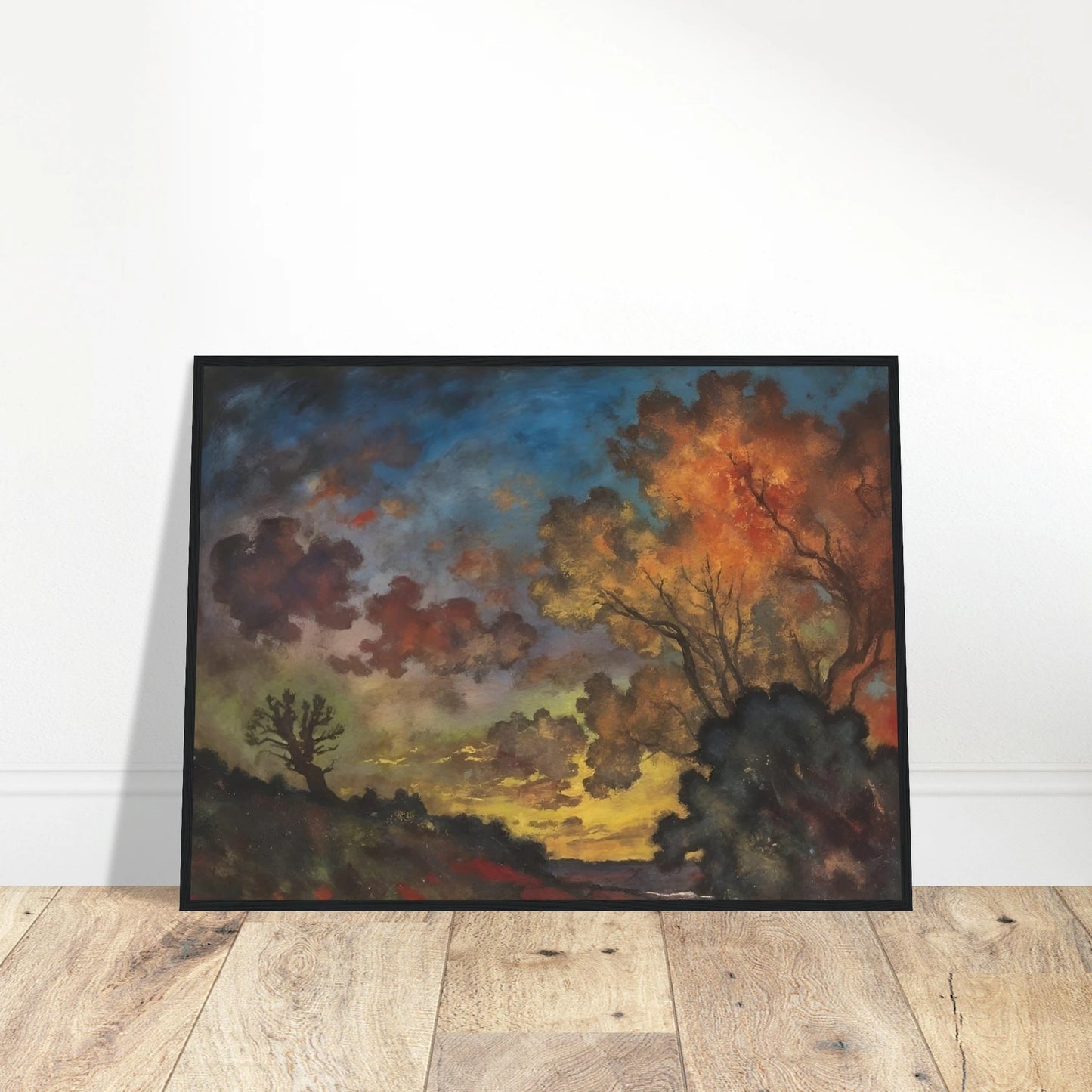 Fiery autumn trees glow beneath a deep blue sky as dark clouds drift across a fading landscape.