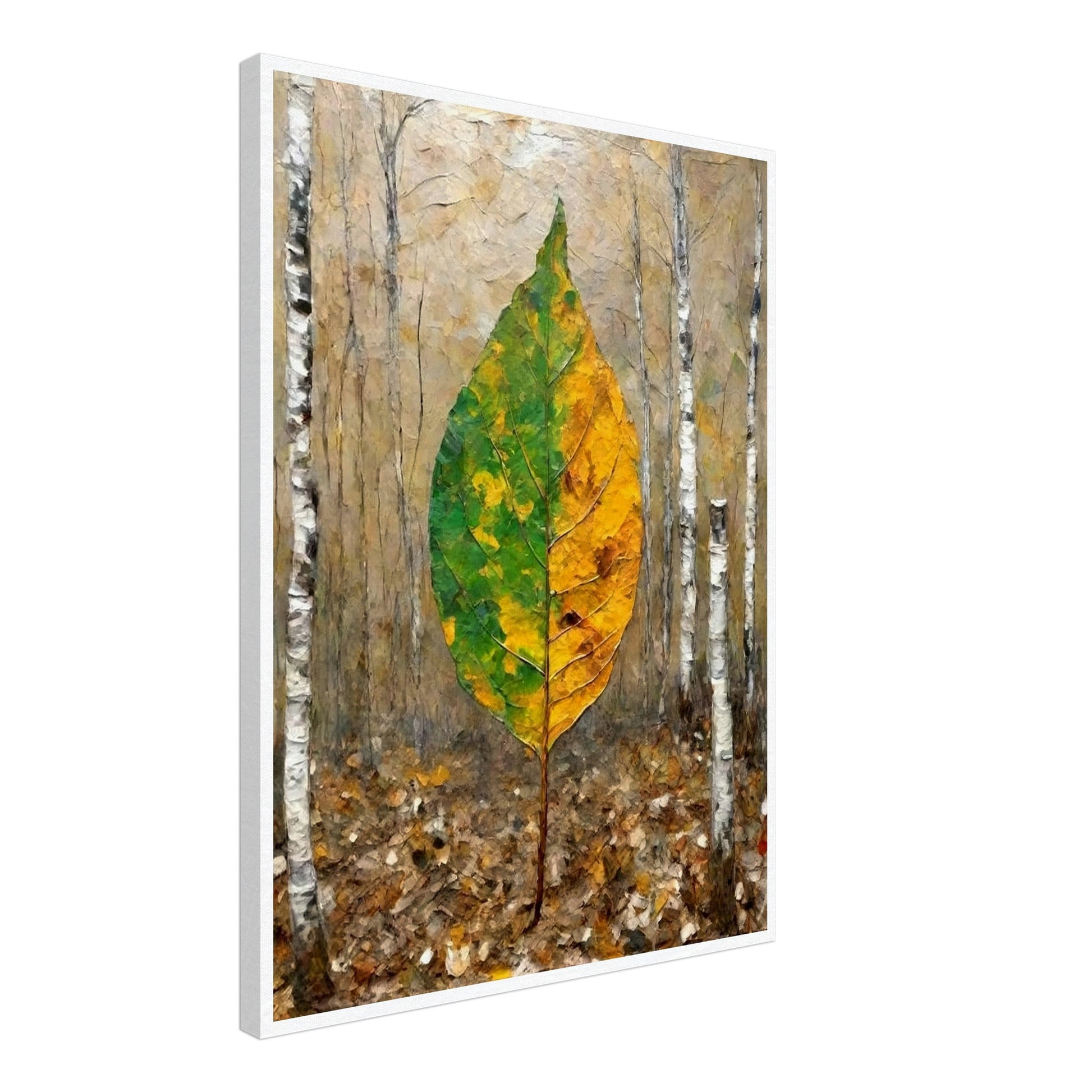 A large leaf, half green and half yellow, stands upright in a birch forest, symbolizing the transition between seasons with soft autumnal tones.