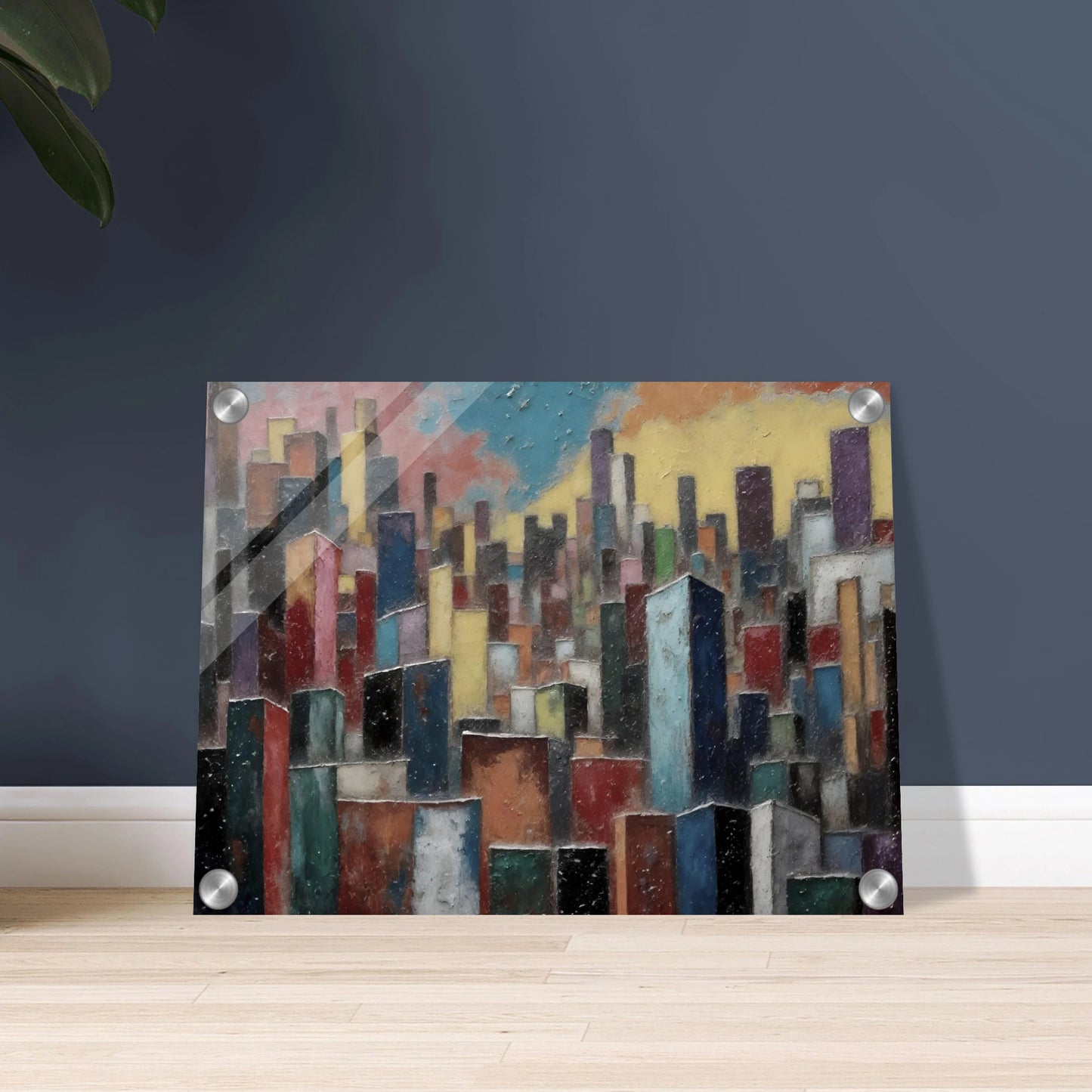 A dense skyline of colorful towers rises beneath a pastel sky, blending urban energy with painterly texture.