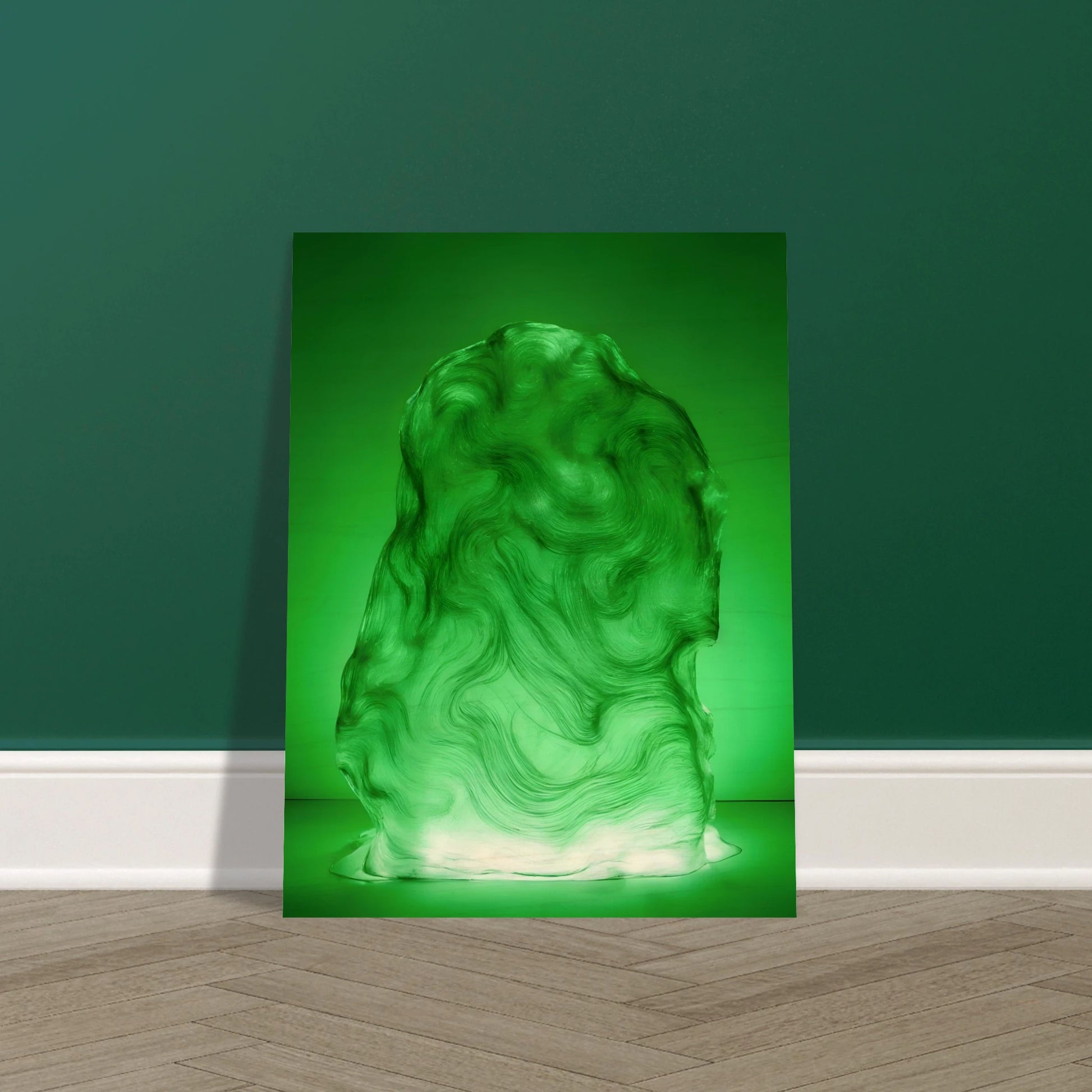 Glowing green sculptural form with fluid marbled swirls rises like illuminated jade, blending movement, mystery, and organic elegance.