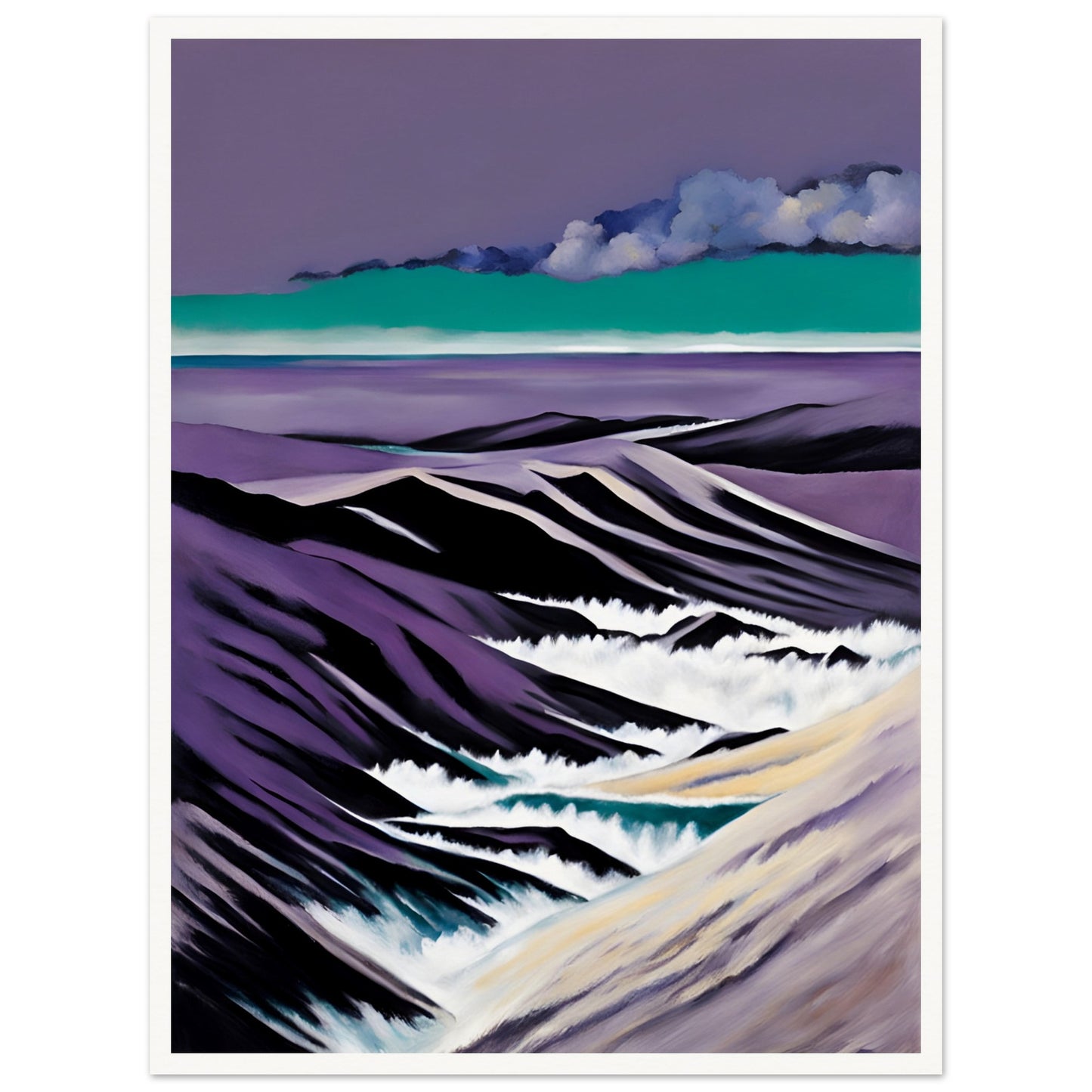 A striking seascape with deep purple mountains, foamy white waves, and a teal horizon beneath dramatic cloud formations.