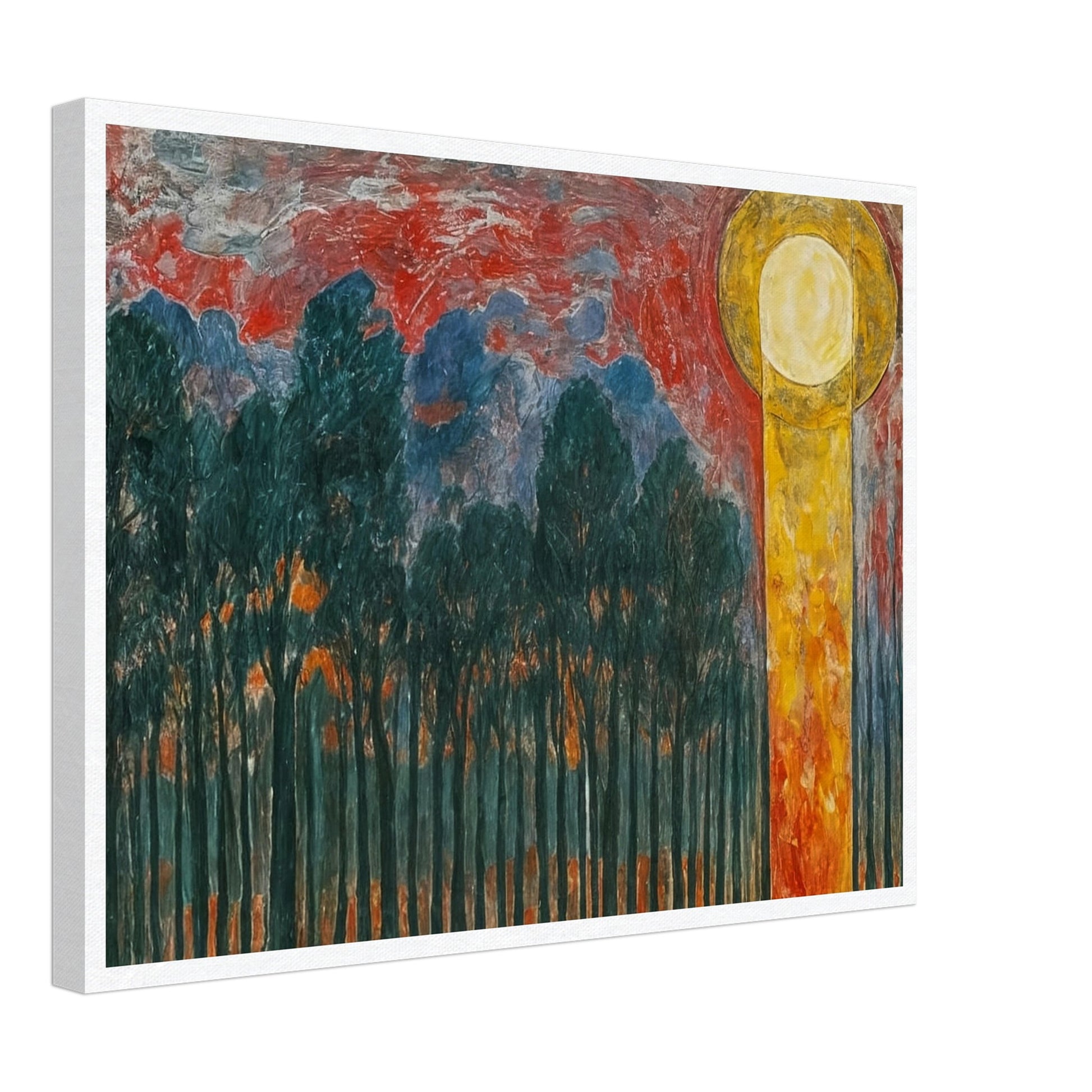 A vibrant painting of a forest with dark trees under a dramatic red and blue sky, with a glowing yellow sun.