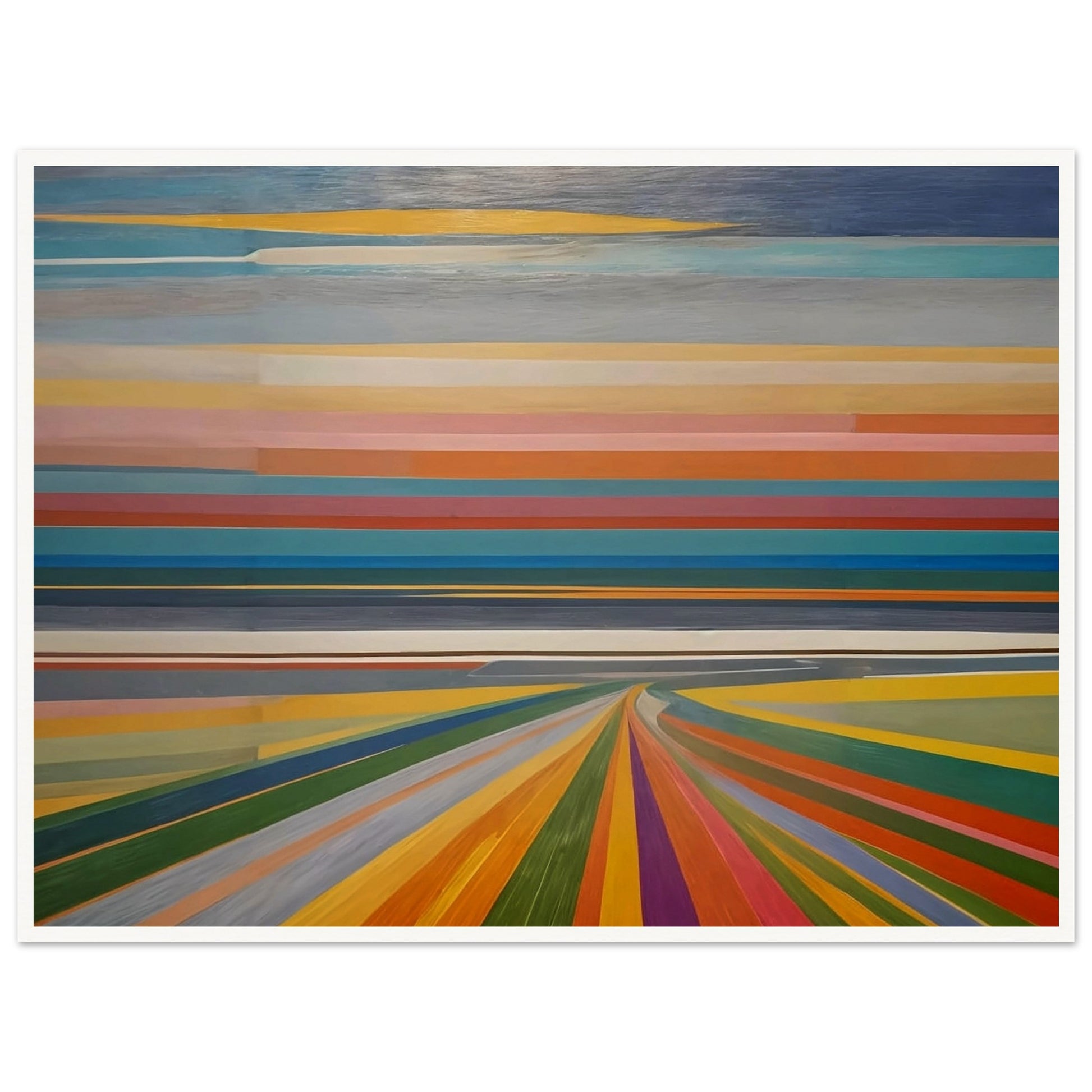 Abstract painting featuring horizontal bands of various colors, resembling a vibrant horizon and colorful road leading into the distance.