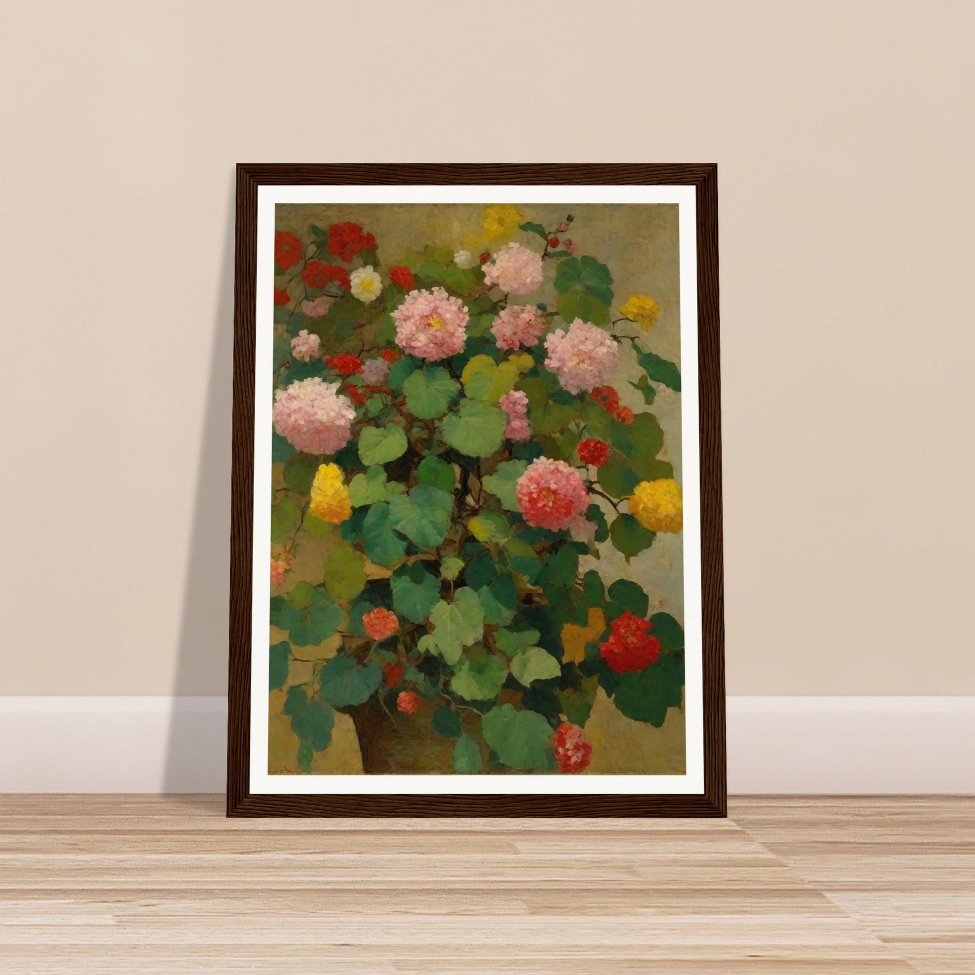 A lush painting featuring a variety of colorful flowers in full bloom, with green leaves in the background.