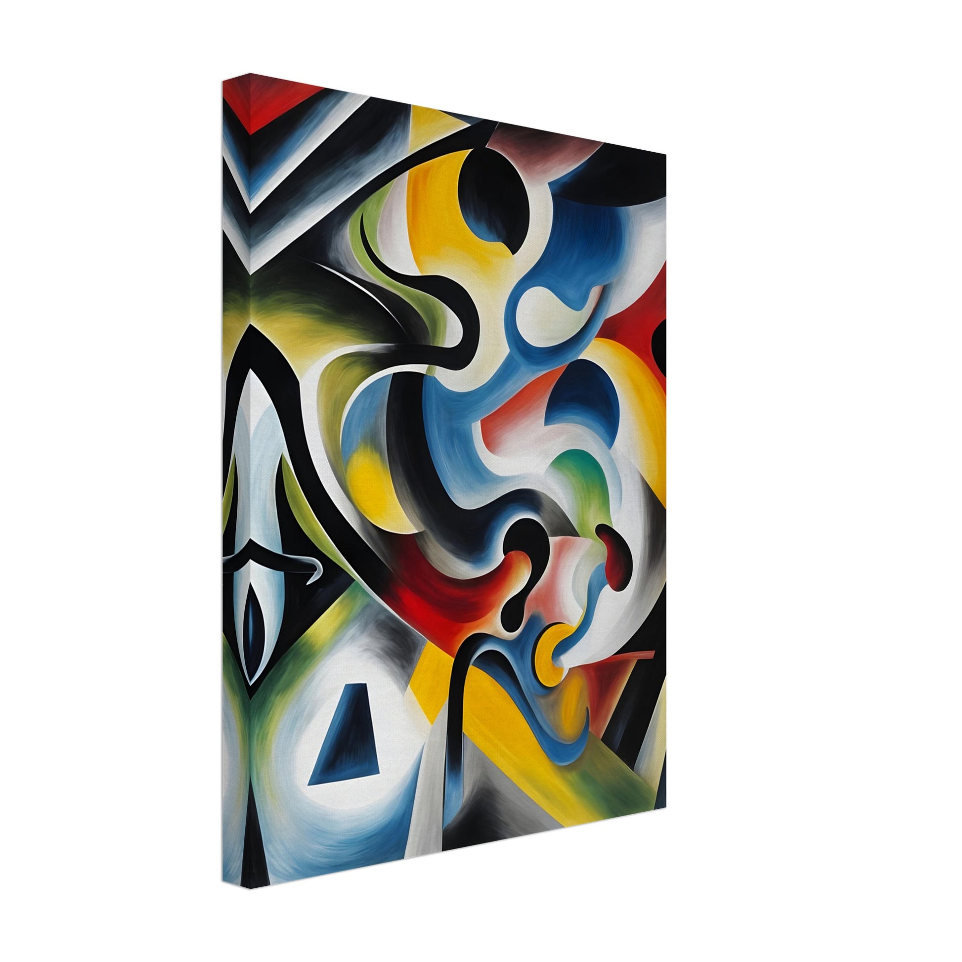 A dynamic composition of swirling colors, bold curves, and geometric shapes creating a fluid, energetic visual movement.