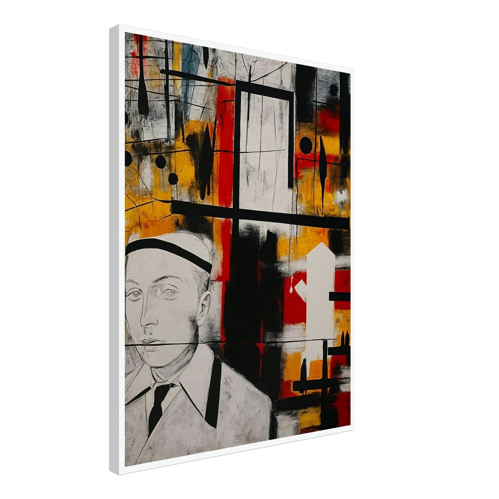 Abstract artwork featuring a man in a suit and hat against a vibrant background with geometric shapes and bold colors.