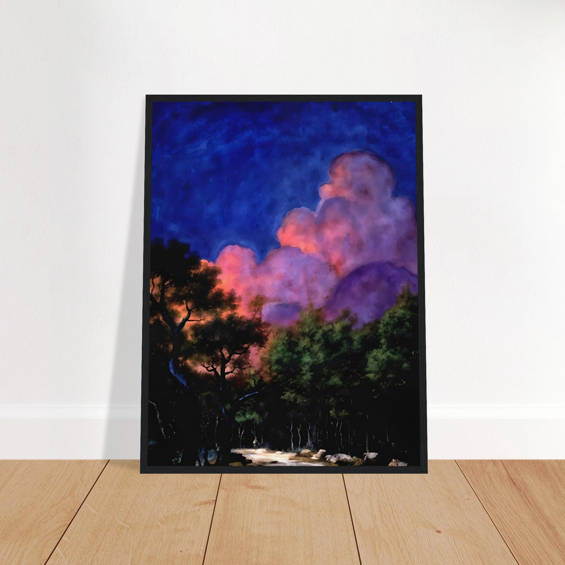 Dreamlike night landscape with deep blue sky, glowing pink clouds, shadowed trees, and luminous forest path beneath radiant twilight.