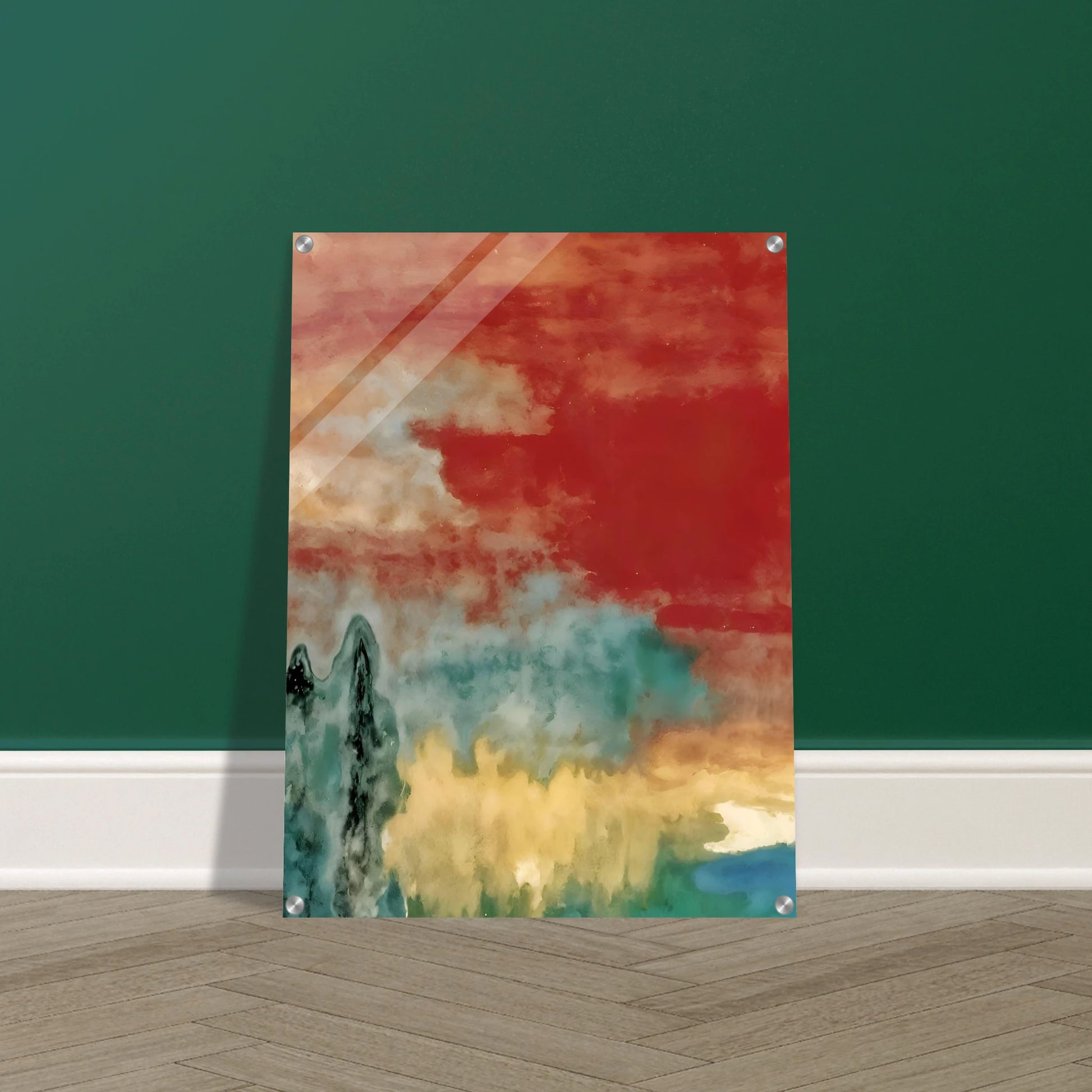 Soft washes of crimson, teal, and ivory drift across a dreamlike landscape with misty forms and distant reflections.