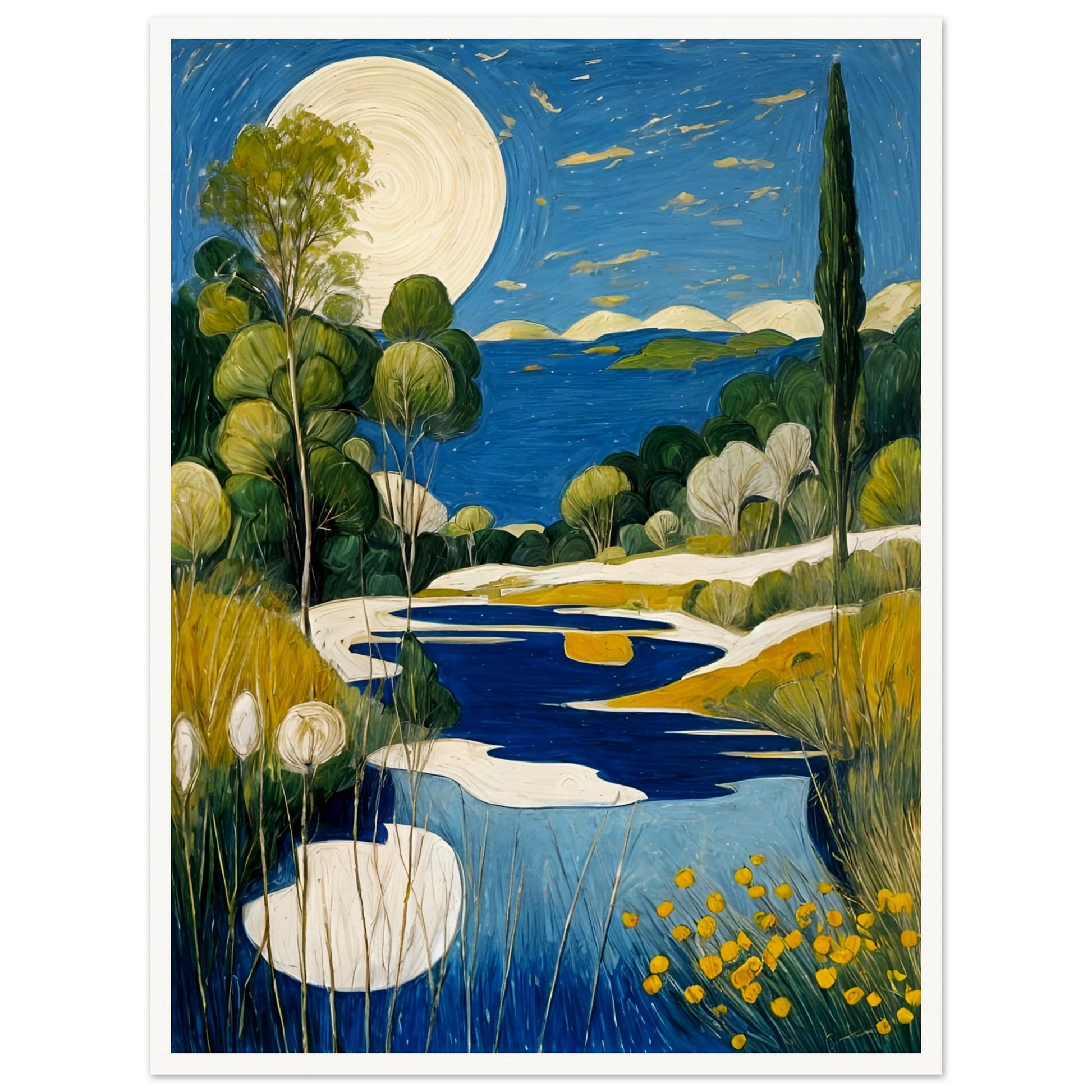 A peaceful landscape featuring a glowing full moon over a blue lake, surrounded by lush greenery and golden wildflowers under a starlit sky.